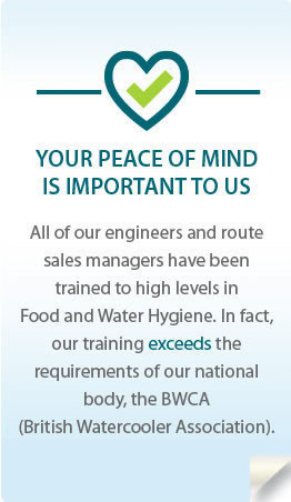 All of our engineers and route sales managers

have been trained to high levels in Food and

Water Hygiene. In fact, our training exceeds

the requirements of our national body,

the BWCA (British Watercooler Association).